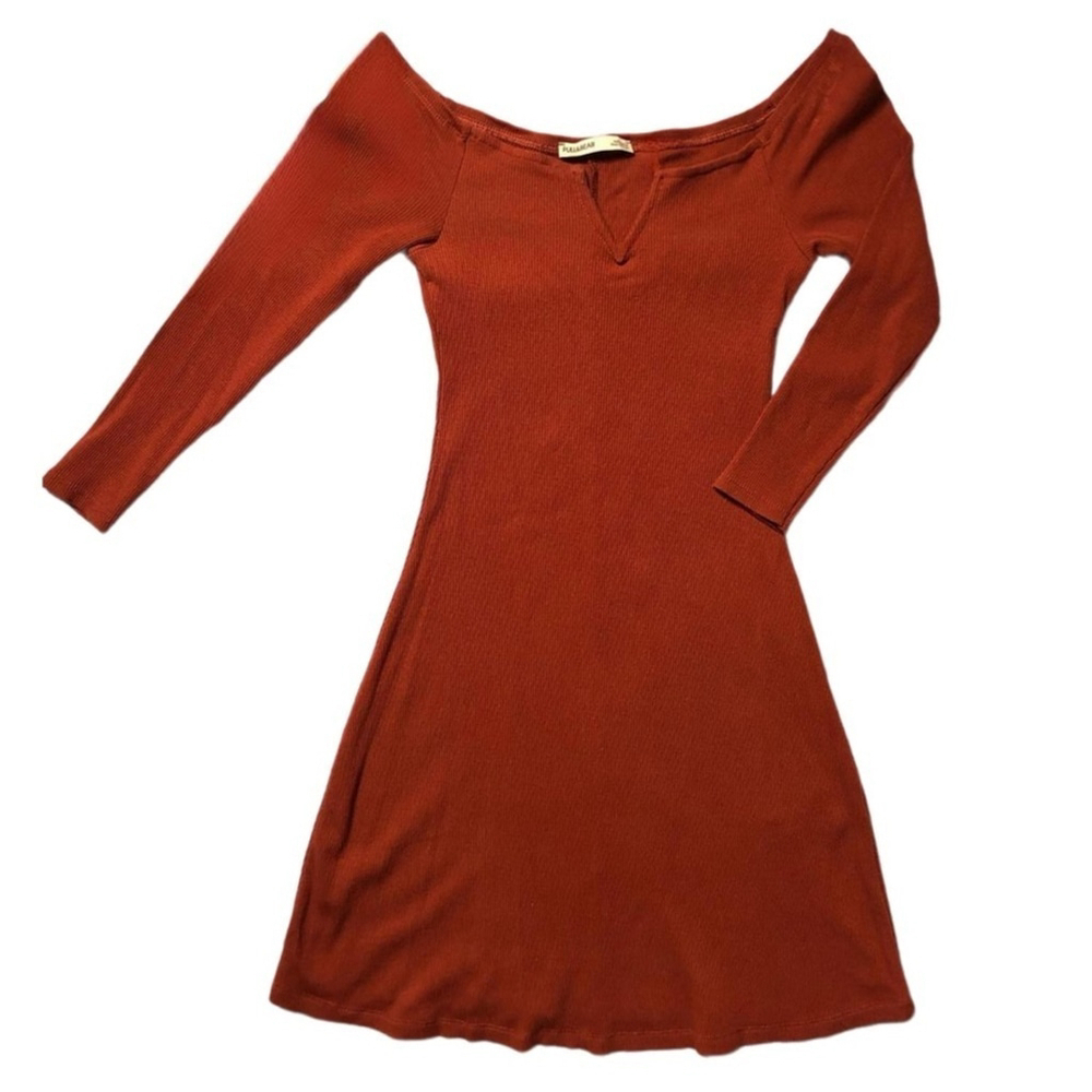 NWOT Pull & Bear 3/4 Sleeve Ribbed Knit Bodycon Mini Dress – Rust Orange, Size S